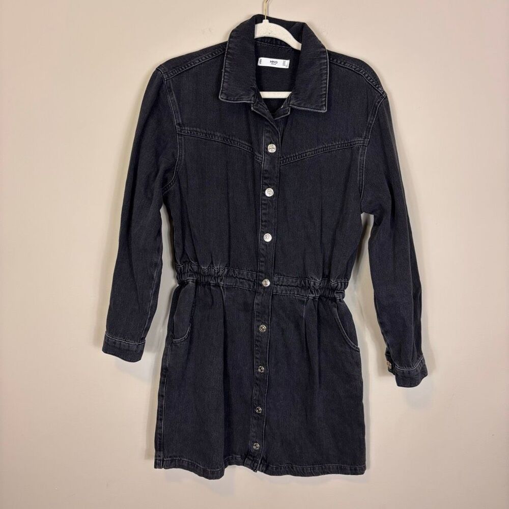 Mng Mango Black Collared Button Front Long Sleeve Denim Dress Us 8